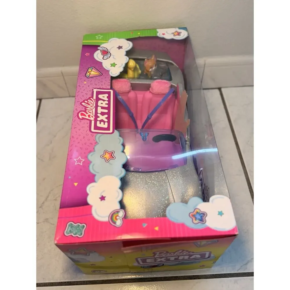 Barbie Car, Barbie Extra Set, Sparkly Silver 2-Seater Toy Convertible with Puppy